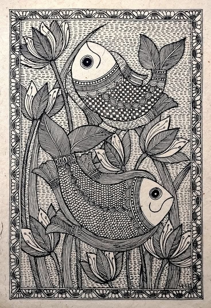 Fish and Lotus Linework by Chanda Kumari Karn