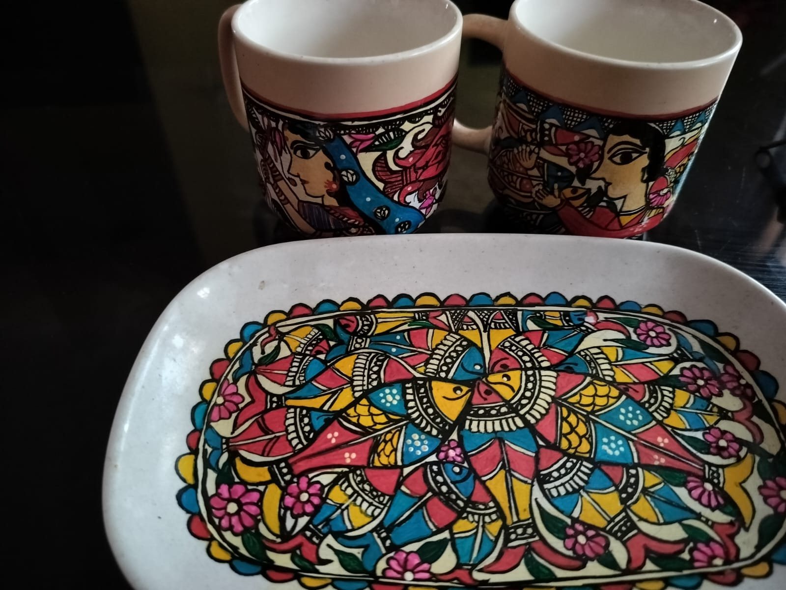 Mithila Painted Cups and Plate by Chanda Kumari Karn