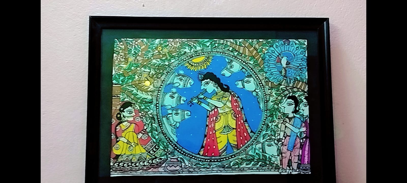 Krishna Playing Flute Framed Mithila Artwork by Chanda Kumari Karn
